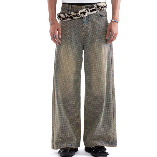 Rhinestone Washed Strap Wide Leg Straight Denim Jeans WN20648
