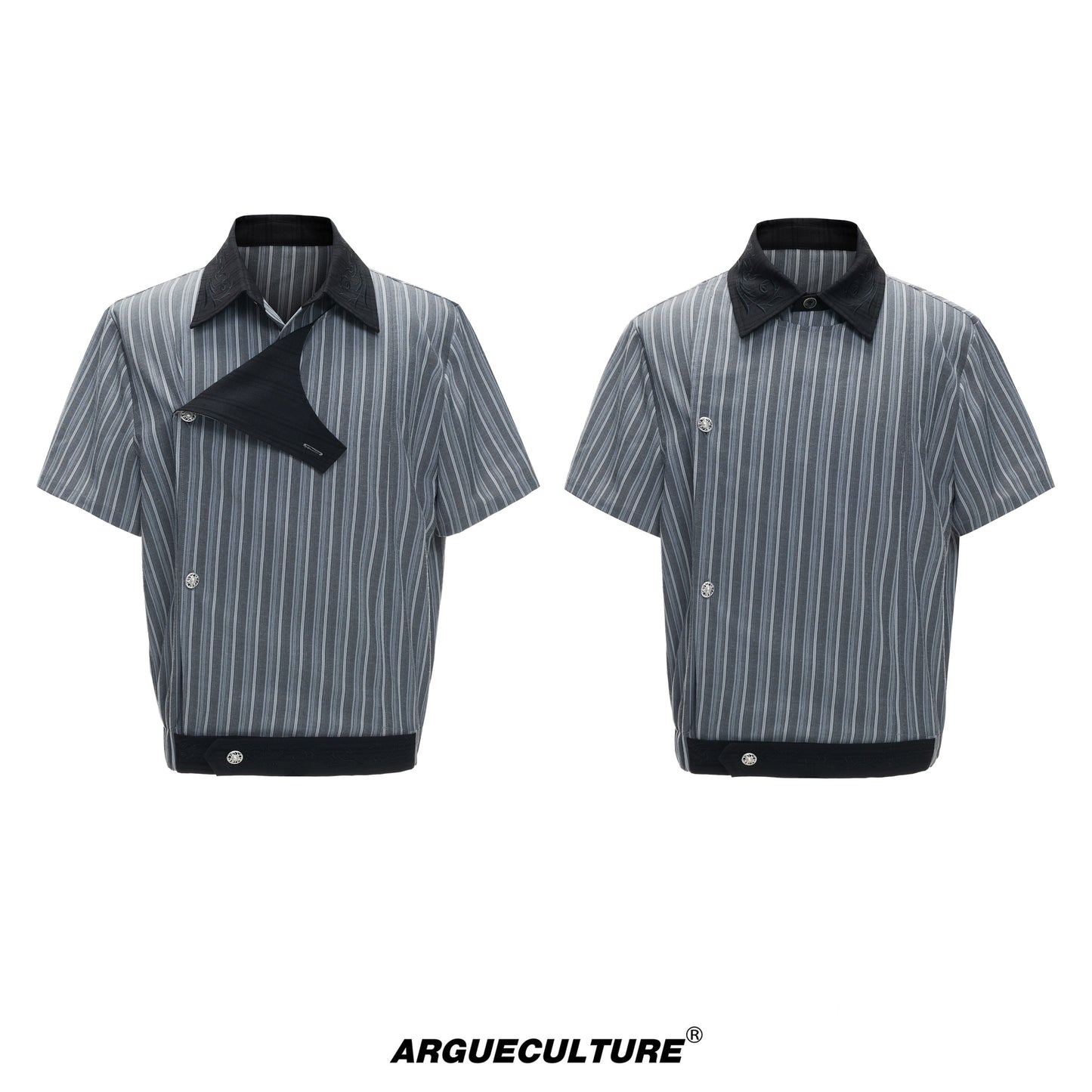 Deconstructed Stripe Embroidery Short Sleeve Shirt & Wide Leg Pants Setup WN27012