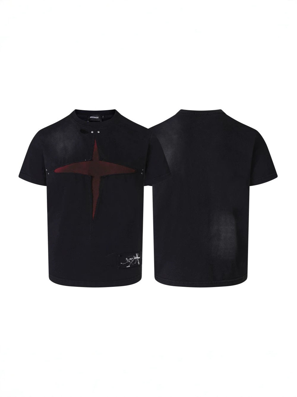 Patch Cross Studs Damage Washed Short Sleeve T-Shirt WN28118