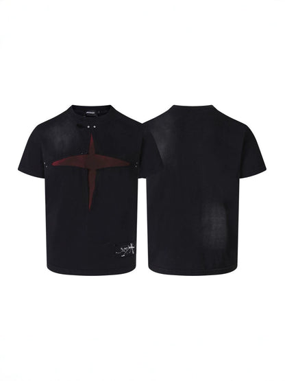 Patch Cross Studs Damage Washed Short Sleeve T-Shirt WN28118
