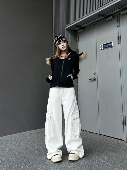Fake Fur Collar Cross Print Hoodie WN24177