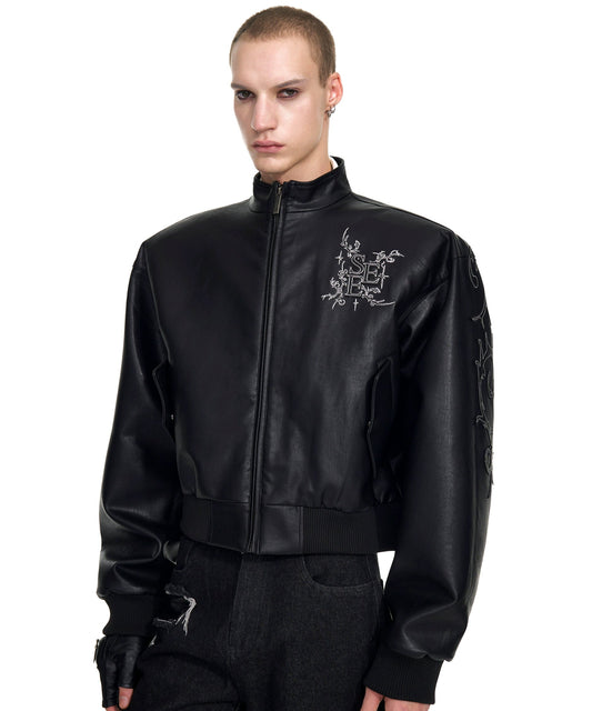 Back Metal Letter Embroidery PU Leather Zipper Jacket WN20936