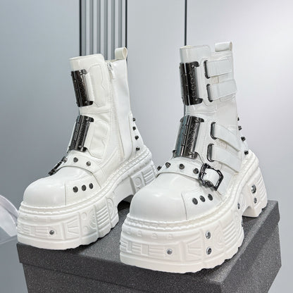 Patent Strap Buckle Studs Platform Short Boots WN24674