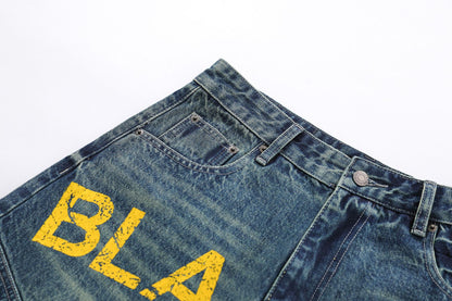Washed Multi Pocket Letter Print Denim Half Jeans WN25994