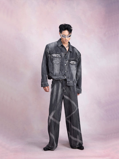 Hand-Painted Washed Denim Jacket & Wide-Leg Straight Denim Jeans Setup WN9229