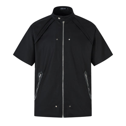 Stand Neck Zipper Structured Short Sleeve Shirt Jacket WN26873