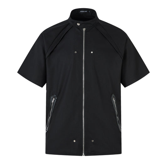 Stand Neck Zipper Structured Short Sleeve Shirt Jacket WN26873