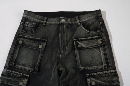 Cargo Pocket Embroidery Wide Leg Denim Jeans WN25718