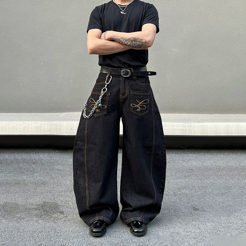 Embroidery Design Baggy Wide Leg Denim Jeans WN19421