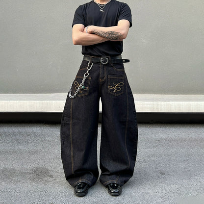 Embroidery Design Baggy Wide Leg Denim Jeans WN19421