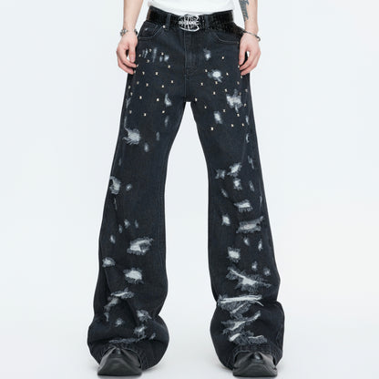 Stud Ripped Wide Leg Denim Jeans WN27007