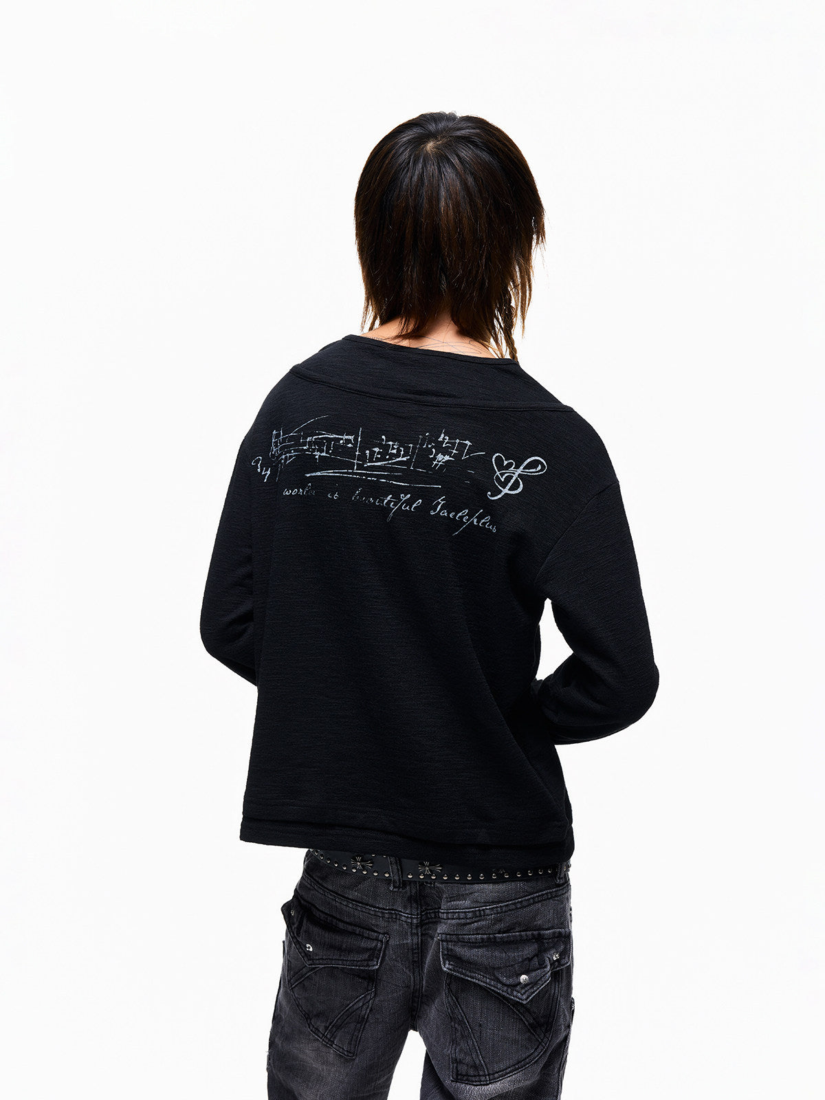 Henley Neck Fake Layered Music Note Print Long Sleeve T-Shirt WN27367