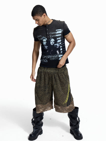 Portrait Print Damage Henley Neck Short Sleeve T-Shirt WN27449