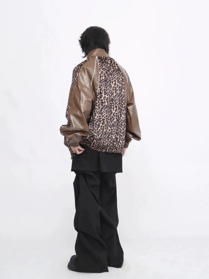 Stand Neck Leopard Print PU Leather Mix Jacket WN8371