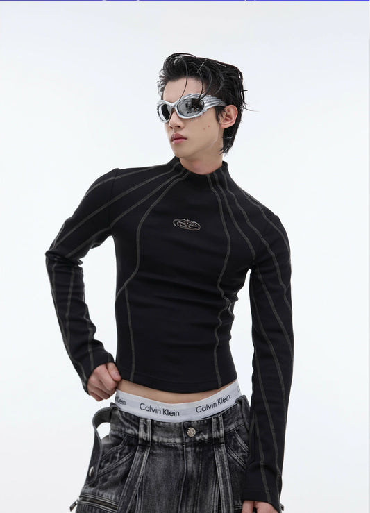 Stand Neck Metal Decoration Slim Fit Long Sleeve T-shirt WN8033