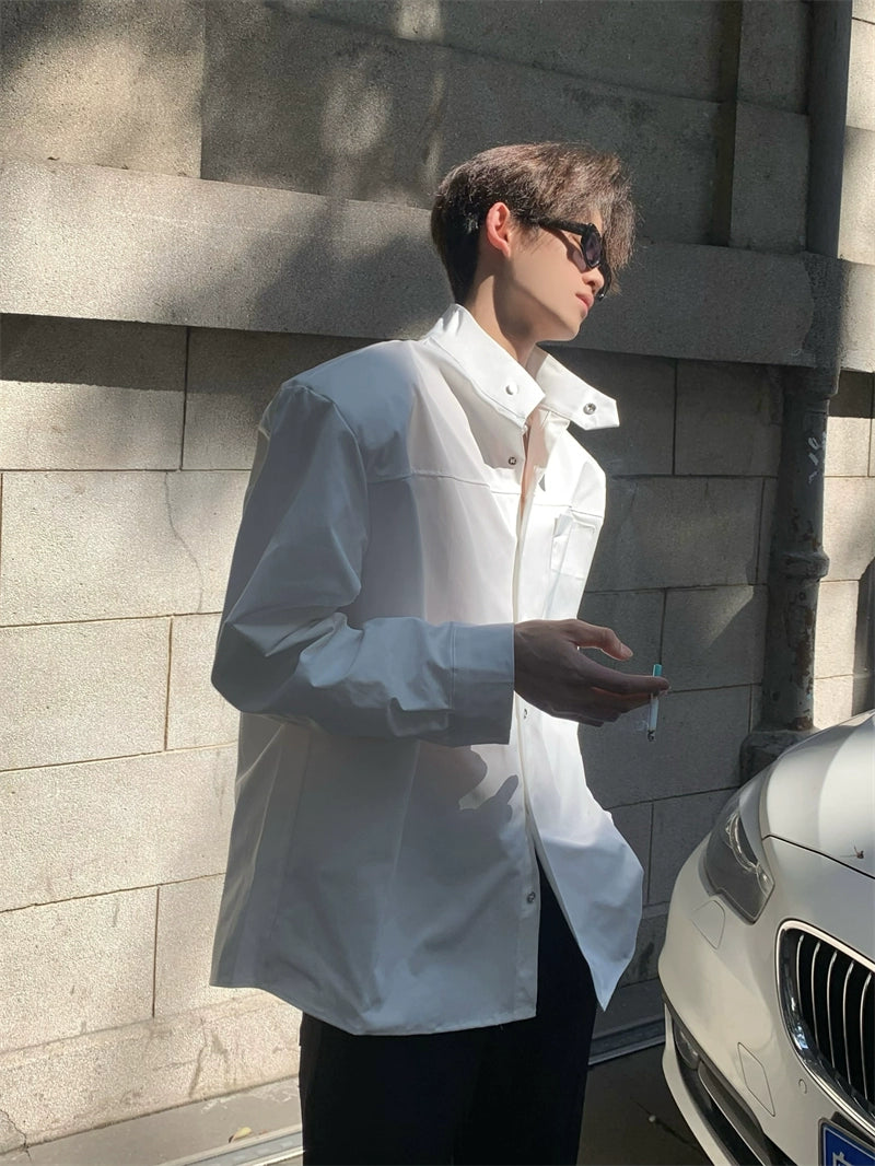 Shoulder-Pad Standing-Collar Long Sleeve Shirt WN20049