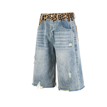 Leopard Print Damage Half Denim Jeans WN25462