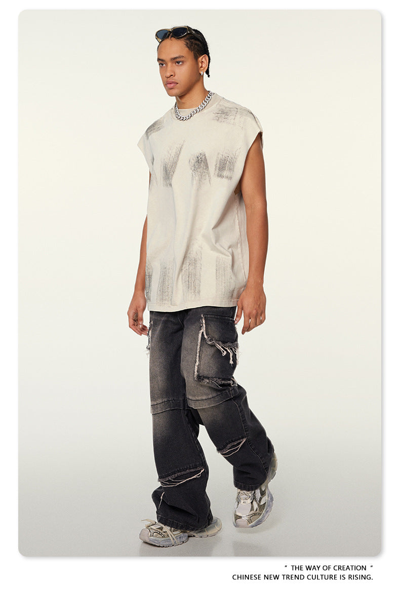 Washed Damage Oversize Tank Top T-shirt WN6440