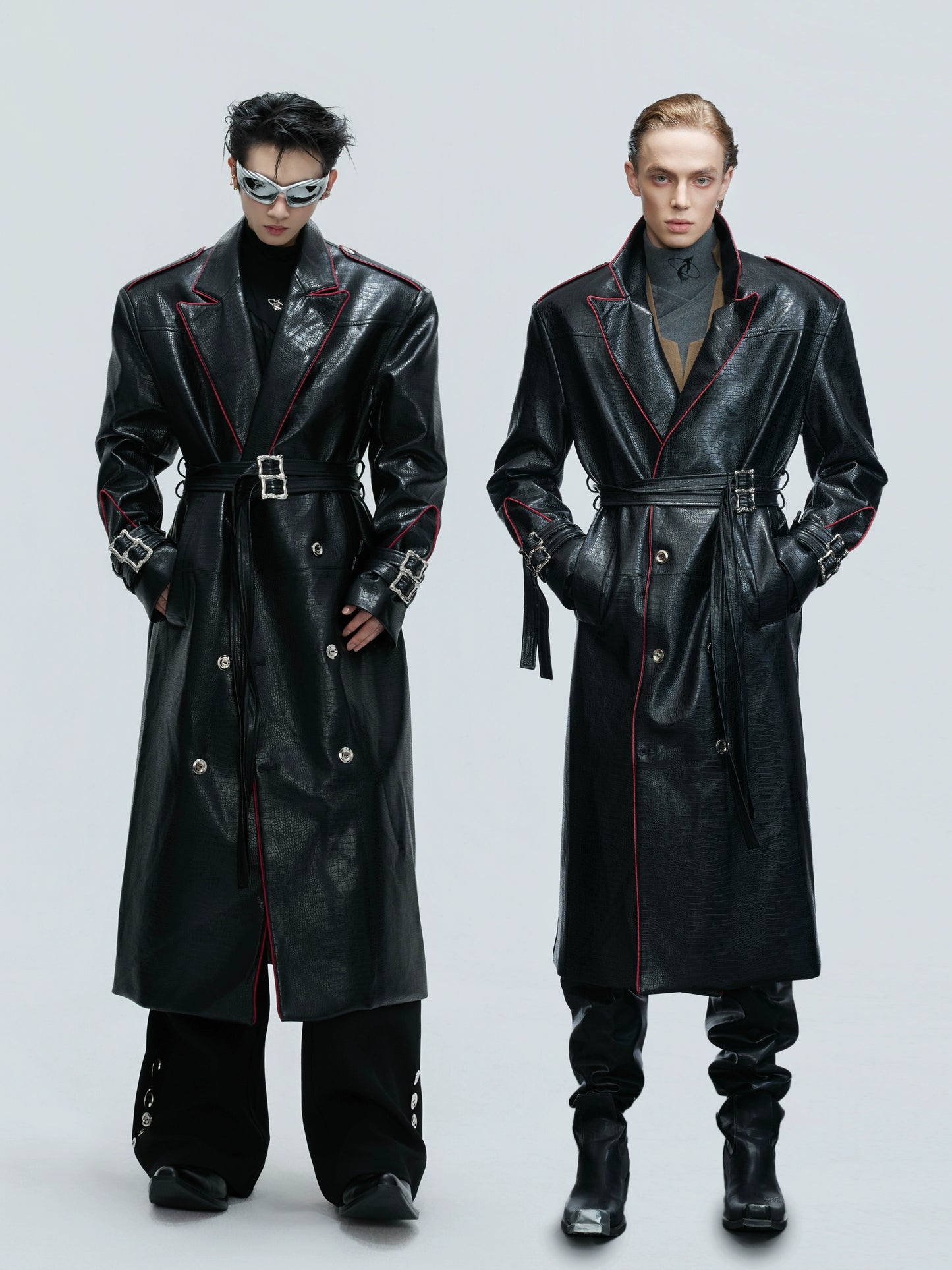 Crocodile Texture Shoulder-Pad Belted PU Leather Long Coat WN21735