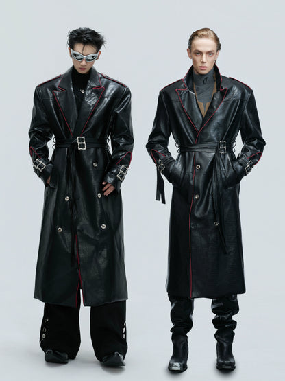 Crocodile Texture Shoulder-Pad Belted PU Leather Long Coat WN21735