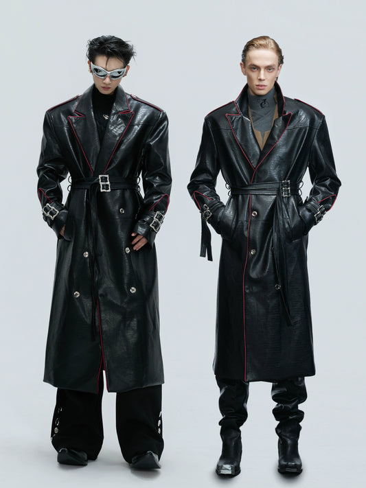 Crocodile Texture Shoulder-Pad Belted PU Leather Long Coat WN21735