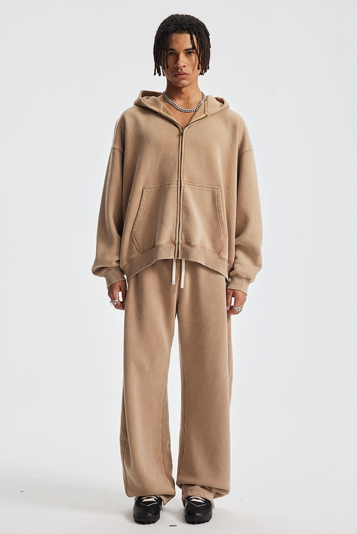 Fleece Lining Zip-Up Wax Dye Zipper Hoodie & Wide Leg Pants Sweatpants WN23112