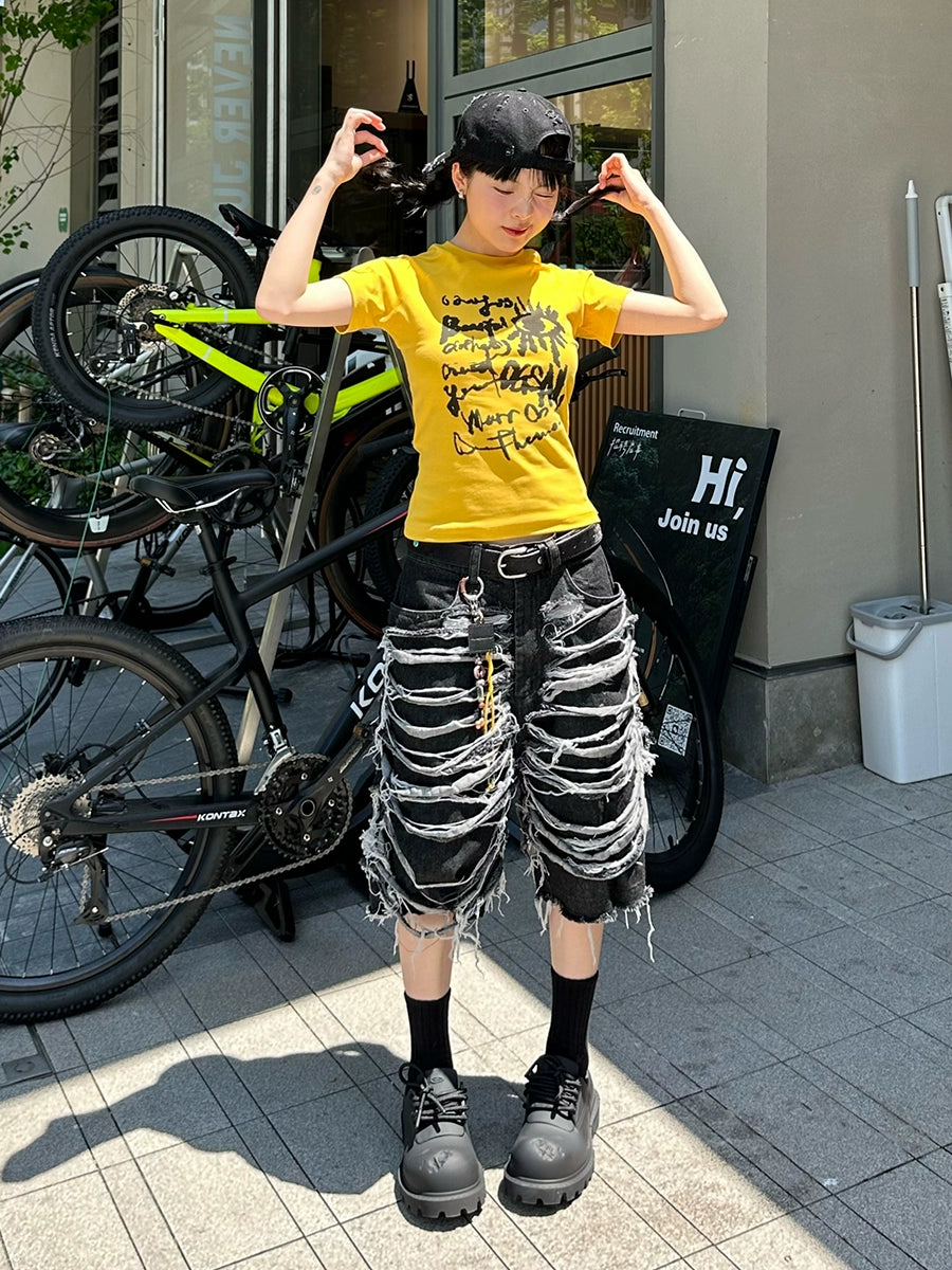 Heavy Washed Cut Denim Half Jeans WN17029