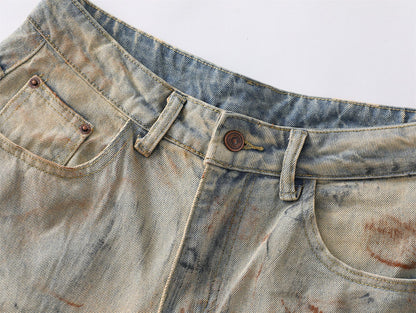 Washed Mud Dye Dirty Wide-Leg Denim Jeans WN15083