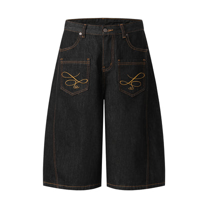 Embroidery Wide Leg Half Denim Jeans Pants WN26089