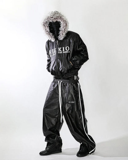 Glossy Fake Fur Collar Jacket & Side Tape Cuff Pants Setup WN28024