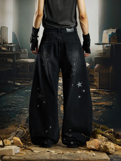 Star Print Washed Damage Wide Leg Denim Jeans WN22743