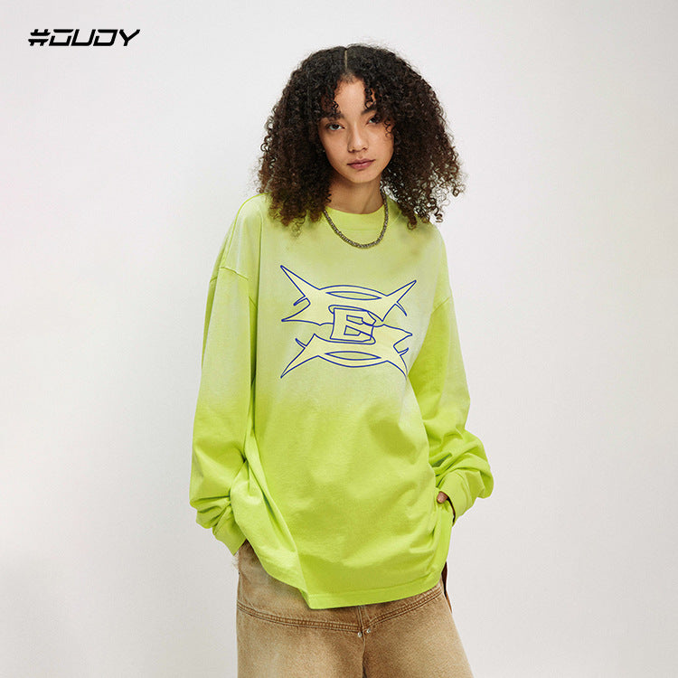 Washed Cracked Print Gradient Long Sleeve T-Shirt WN12527