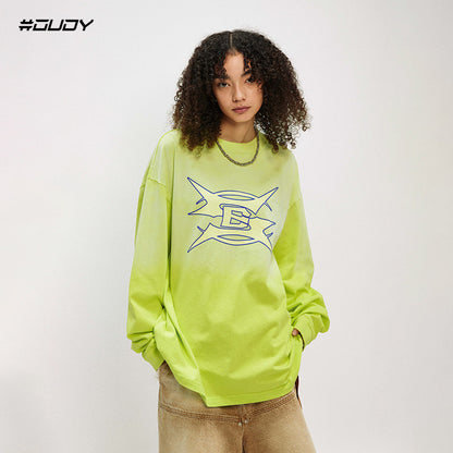 Washed Cracked Print Gradient Long Sleeve T-Shirt WN12527