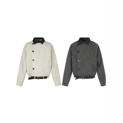 Washed Asymmetric Button Contrast Lapel Jacket WN27854