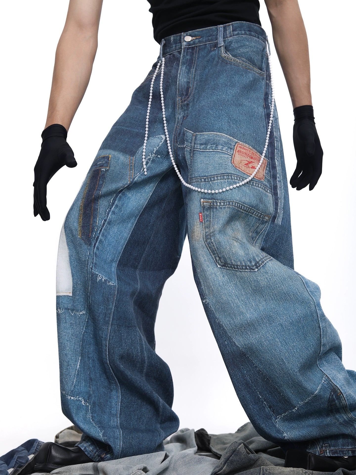 Patch 3D Print Color Block Wide Leg Denim Jeans WN18683