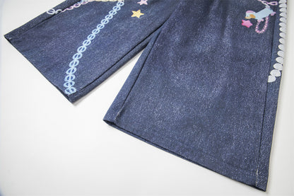 3D Chain Print Curved Leg Cropped Denim Pants WN26838