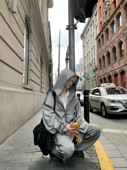 Wrinkle Design Zipper Hoodie & Wide Leg Pants Setup WN19905