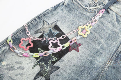 Washed Charm Patch Wide Leg Cropped Denim Jeans WN25564