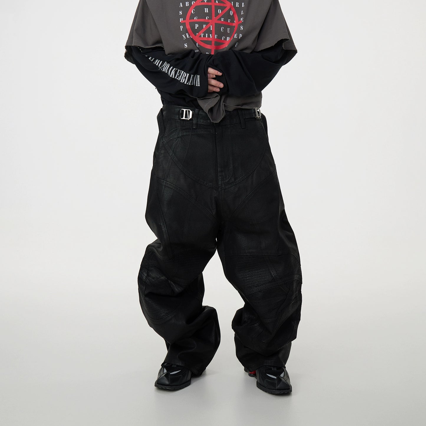 Waxed Coated Biker Armor Pleats Wide Leg Dragging Denim Jeans WN17003