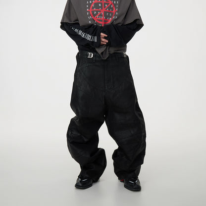 Waxed Coated Biker Armor Pleats Wide Leg Dragging Denim Jeans WN17003