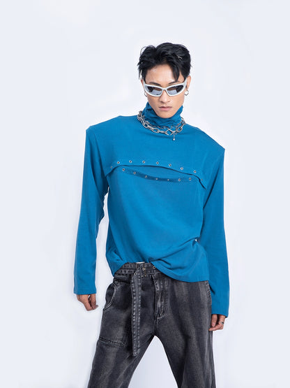 Metal Spliced Stand Neck Long Sleeve T-Shirt WN9239