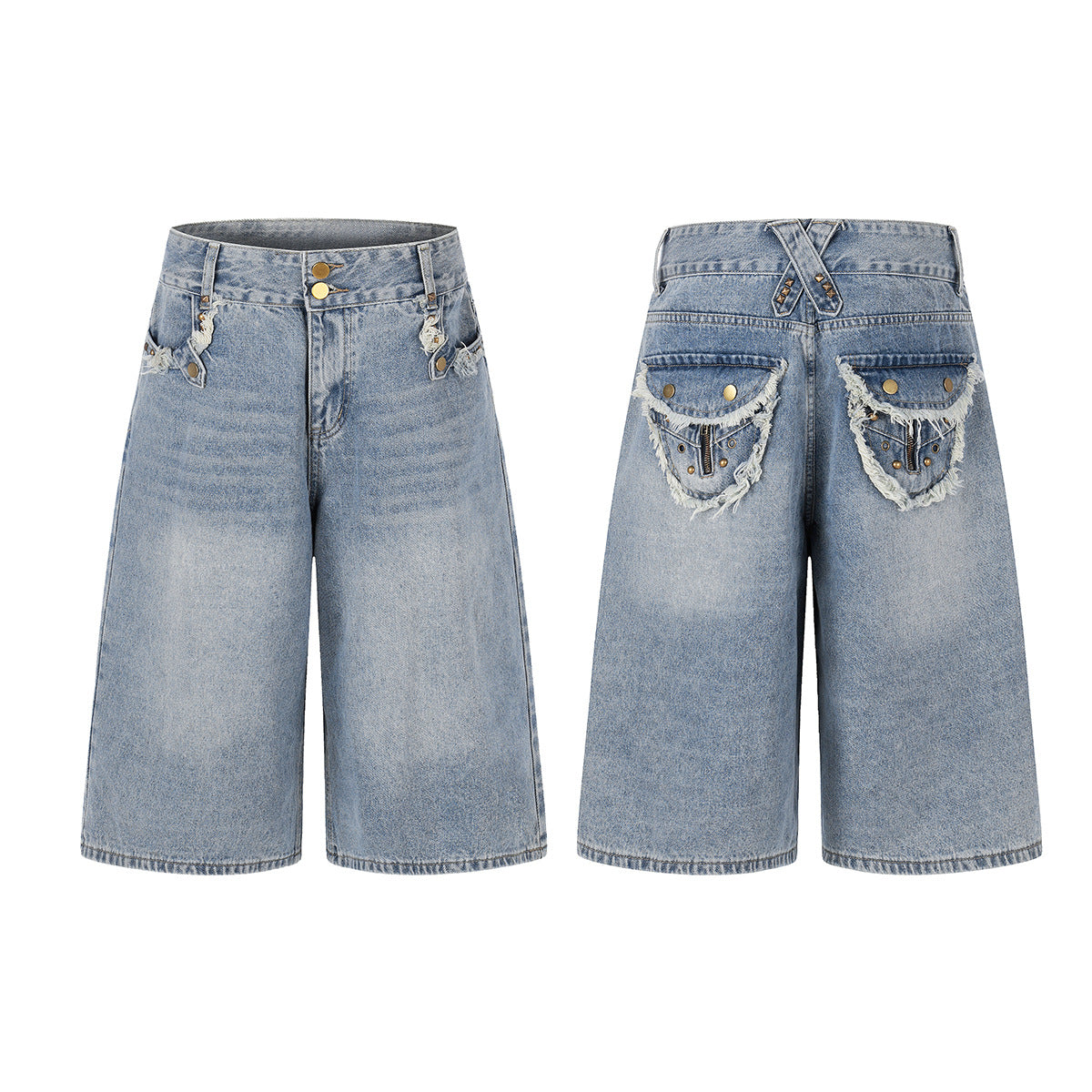 Fringe Studs Denim Half Jeans WN25518
