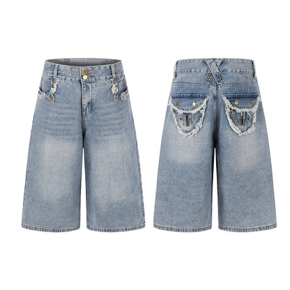 Fringe Studs Denim Half Jeans WN25518
