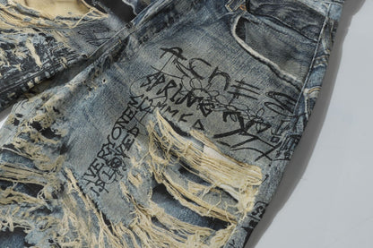 3D Graffiti Print Washed Wide Leg Denim Jeans WN18595