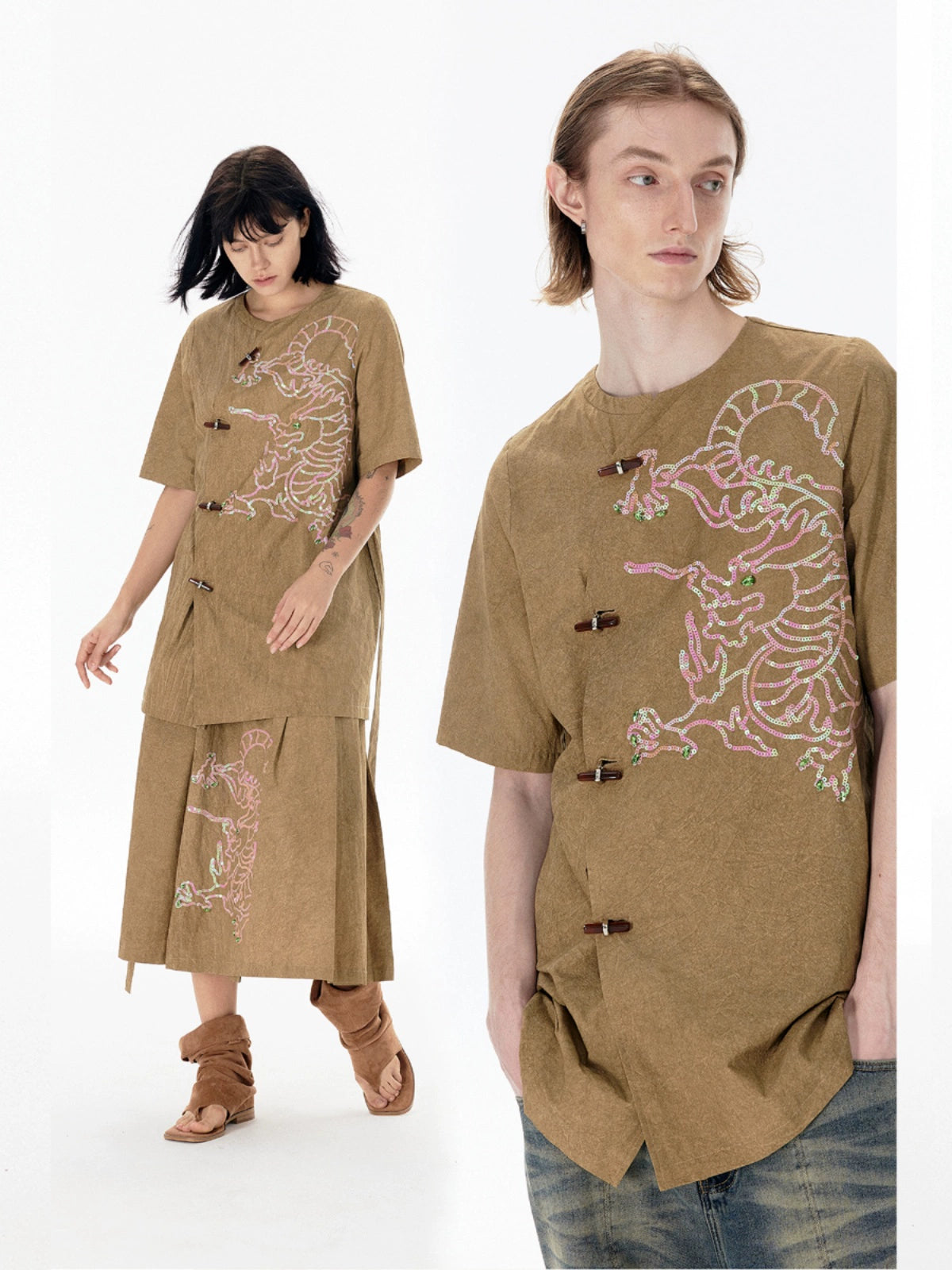 Chinese Style Dragon Embroidery Short Sleeve T-Shirt WN18860