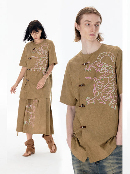 Chinese Style Dragon Embroidery Short Sleeve T-Shirt WN18860