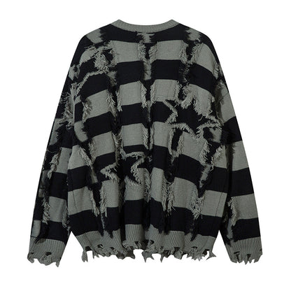 Damage Hem Colorblock Striped Knit Sweater WN11454