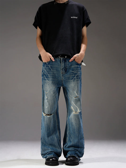 Washed Damage Wide-Leg Straight Denim Jeans WN7244