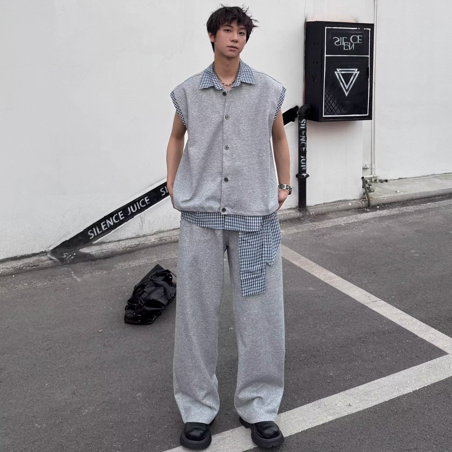Plaid Layered Knit Vest & Wide Leg Sweatpants Setup WN25332