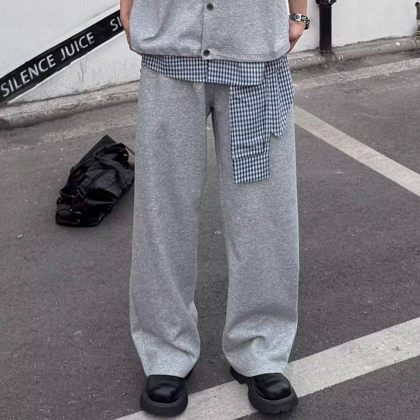 Plaid Layered Knit Vest & Wide Leg Sweatpants Setup WN25332